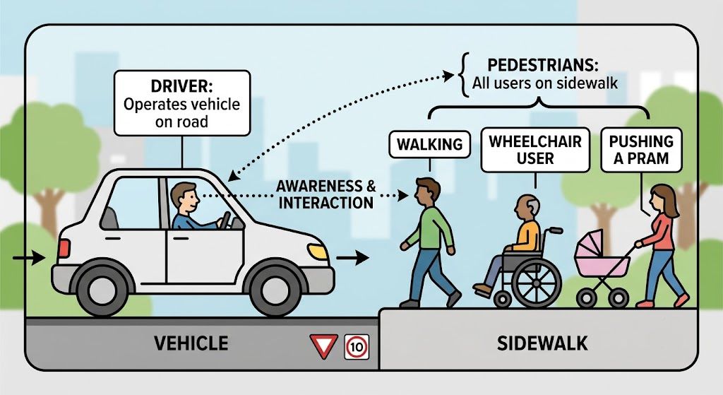 Comparison illustration: driver versus pedestrian